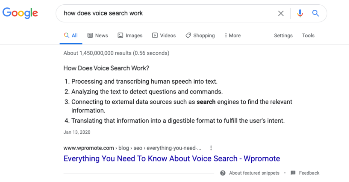 Example of a featured snippet on Google Search